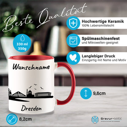 Tasse in Rot 330ml bedruckt mit der Skyline von Dresden personalisierbar mit Wunschname