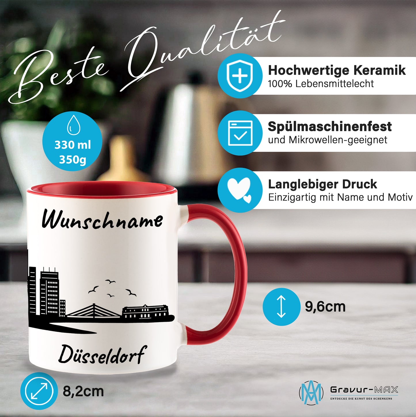 Tasse in Rot 330ml bedruckt mit der Skyline von Düsseldorf personalisierbar mit Wunschname