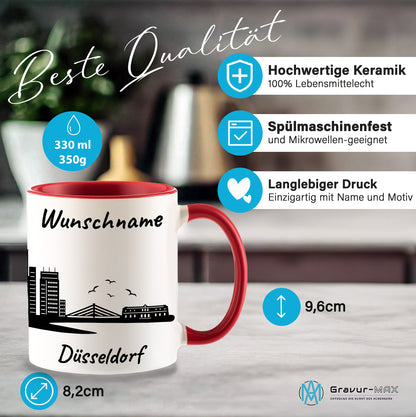 Tasse in Rot 330ml bedruckt mit der Skyline von Düsseldorf personalisierbar mit Wunschname