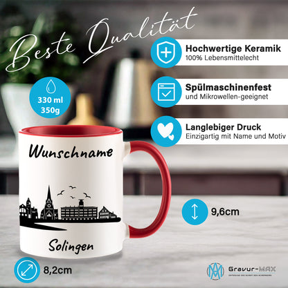 Tasse in Rot 330ml bedruckt mit der Skyline von Solingen personalisierbar mit Wunschname