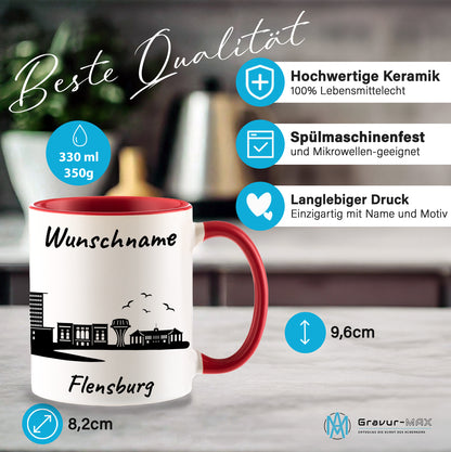 Tasse in Rot 330ml bedruckt mit der Skyline von Flensburg personalisierbar mit Wunschname