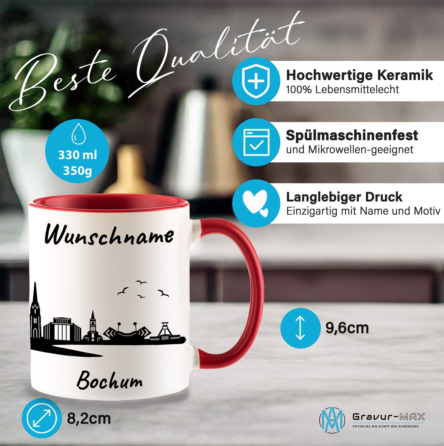 Tasse in Rot 330ml bedruckt mit der Skyline von Bochum personalisierbar mit Wunschname