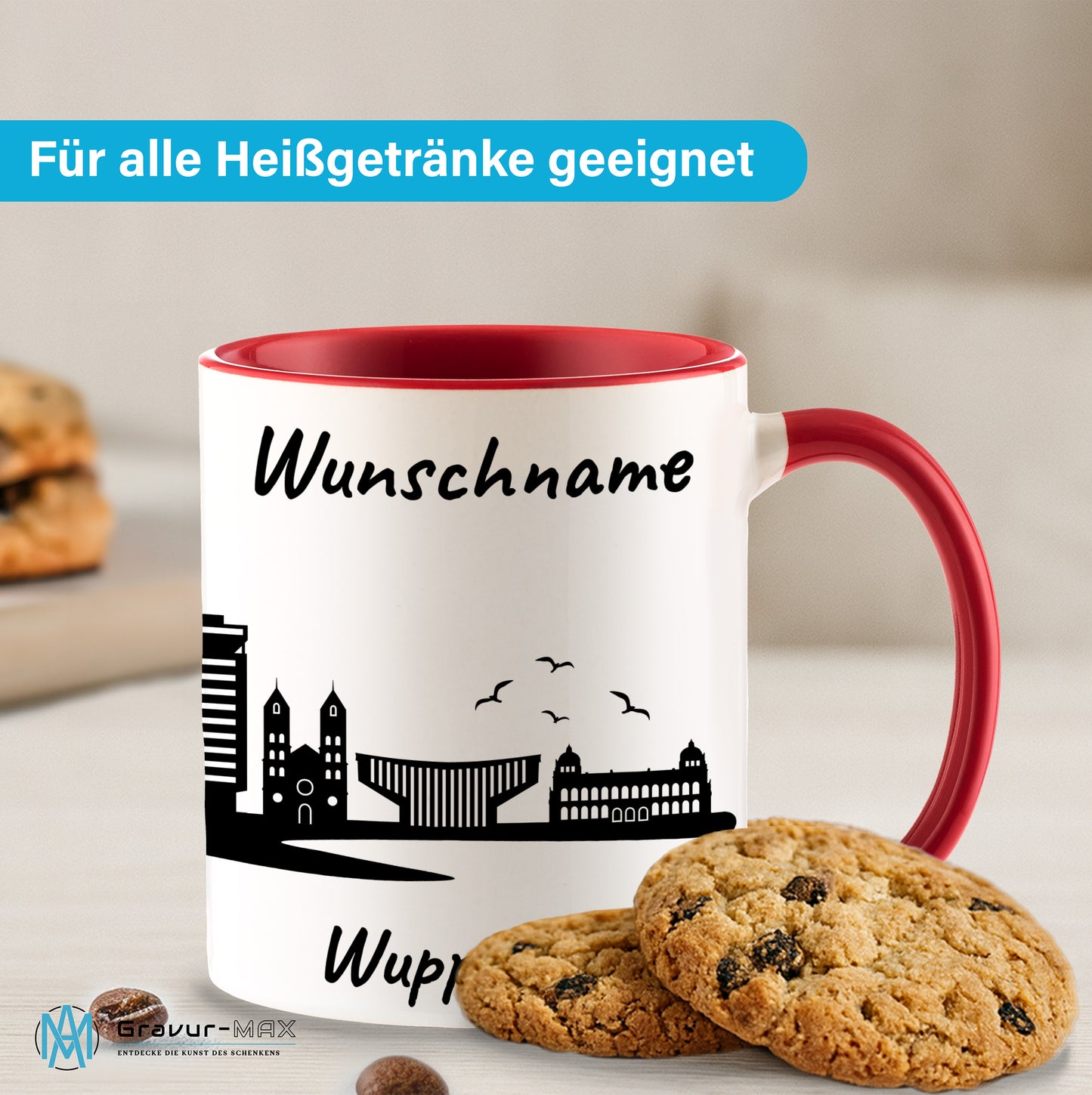 Tasse in Rot 330ml bedruckt mit der Skyline von Wuppertal personalisierbar mit Wunschname