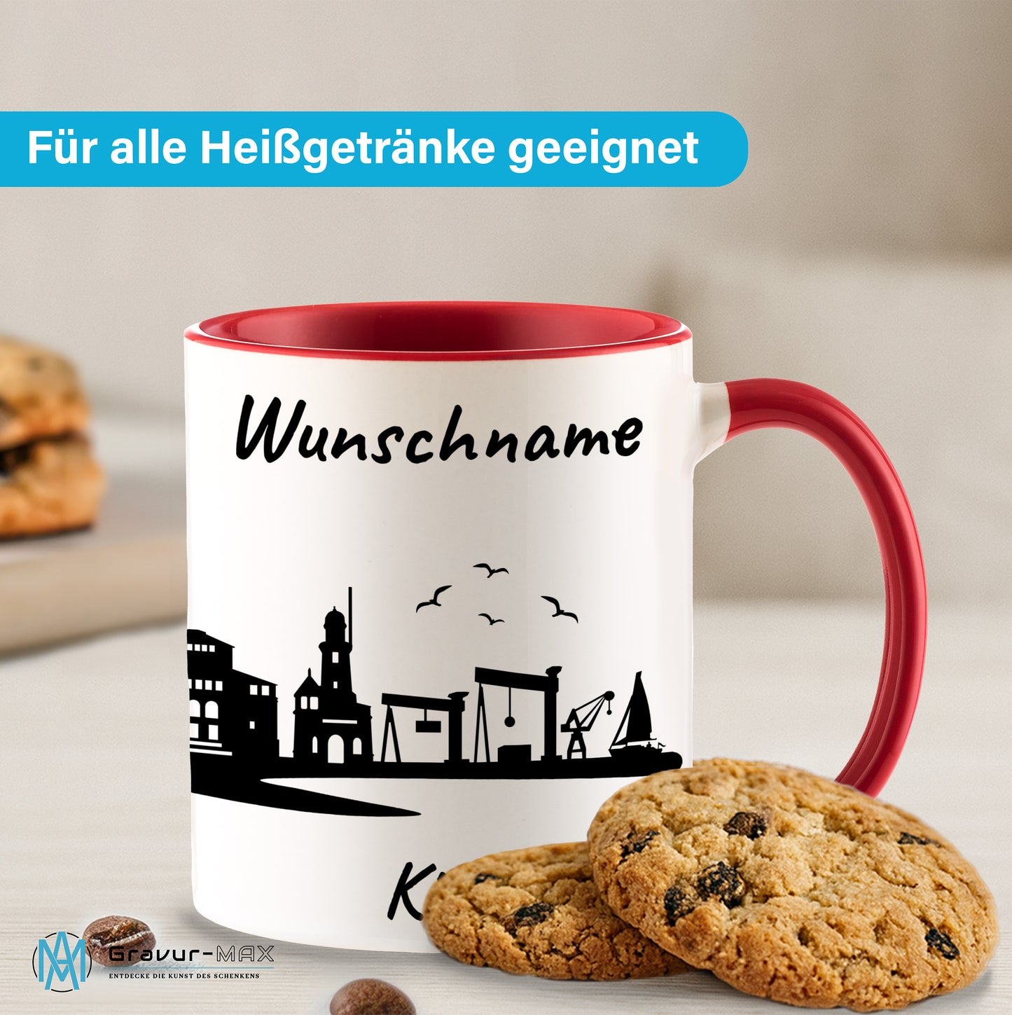 Tasse in Rot 330ml bedruckt mit der Skyline von Kiel personalisierbar mit Wunschname