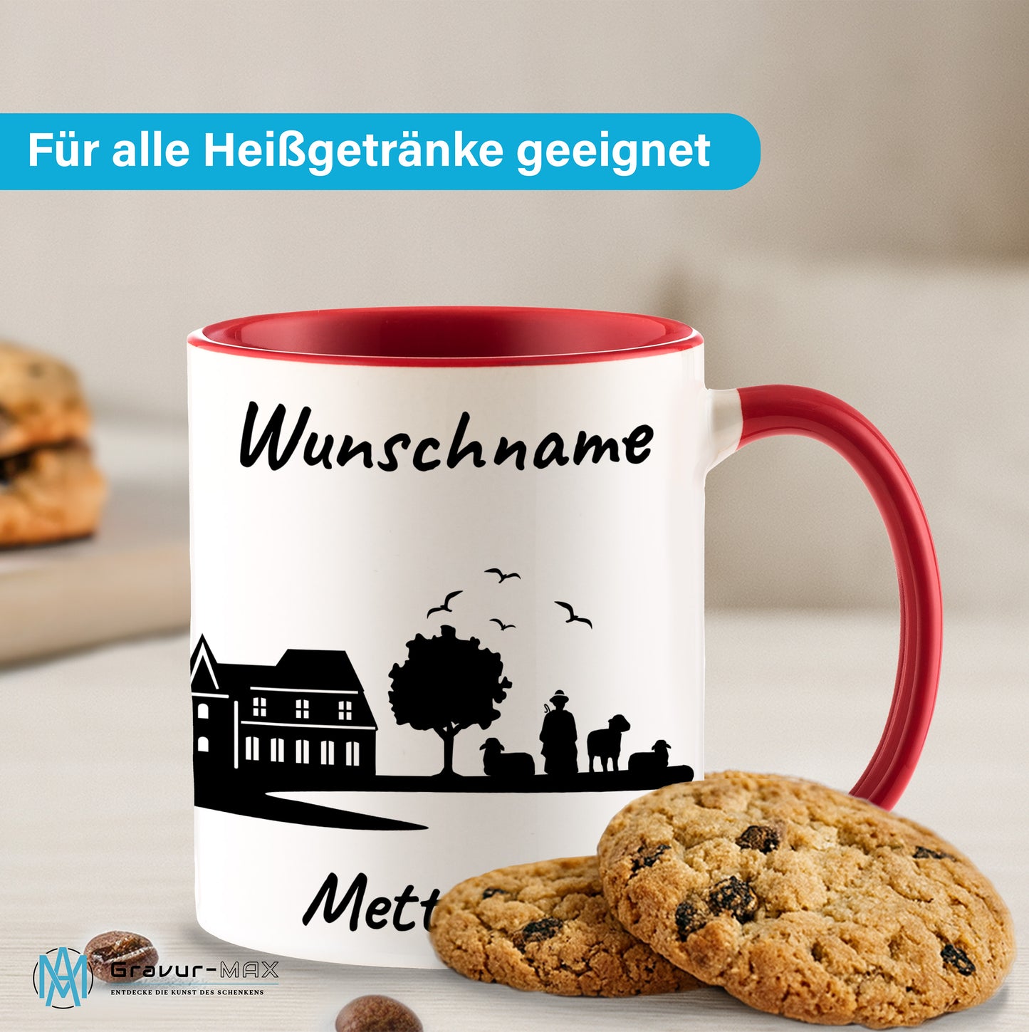 Tasse in Rot 330ml bedruckt mit der Skyline von Mettmann personalisierbar mit Wunschname