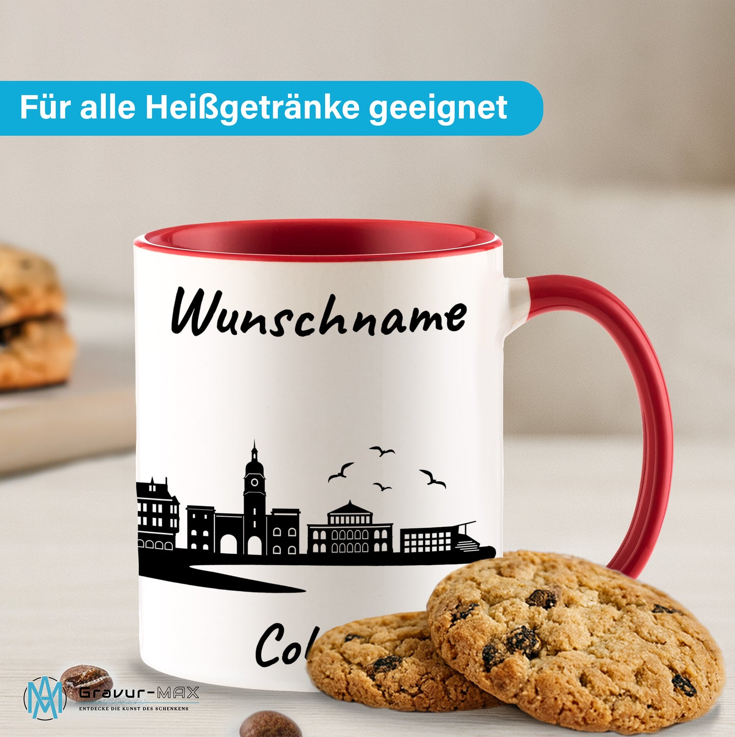 Tasse in Rot 330ml bedruckt mit der Skyline von Coburg personalisierbar mit Wunschname
