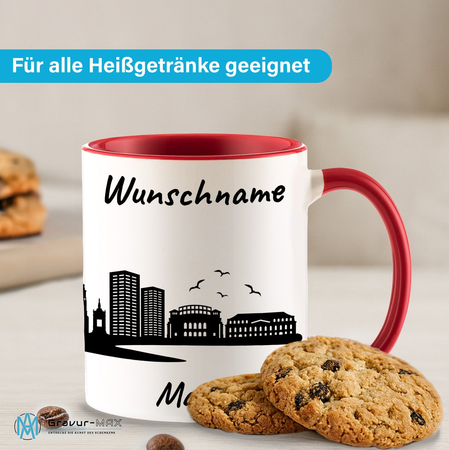 Tasse in Rot 330ml bedruckt mit der Skyline von Mainz personalisierbar mit Wunschname