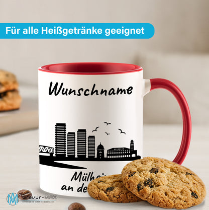 Tasse in Rot 330ml bedruckt mit der Skyline von Mülheim an der Ruhr personalisierbar mit Wunschname