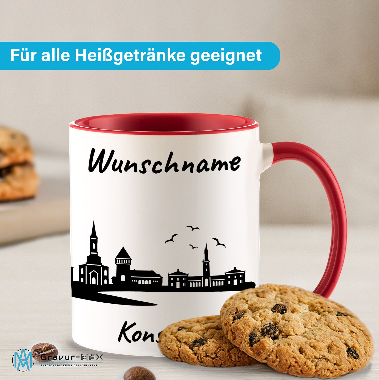 Tasse in Rot 330ml bedruckt mit der Skyline von Konstanz personalisierbar mit Wunschname
