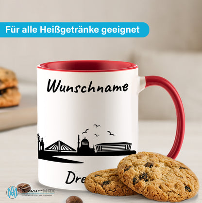 Tasse in Rot 330ml bedruckt mit der Skyline von Dresden personalisierbar mit Wunschname