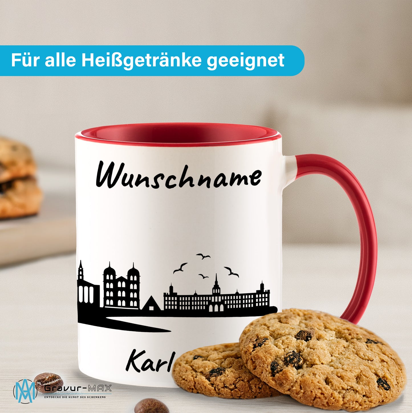 Tasse in Rot 330ml bedruckt mit der Skyline von Karlsruhe personalisierbar mit Wunschname
