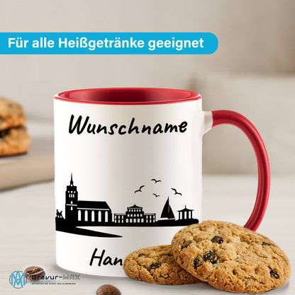Tasse in Rot 330ml bedruckt mit der Skyline von Hannover personalisierbar mit Wunschname