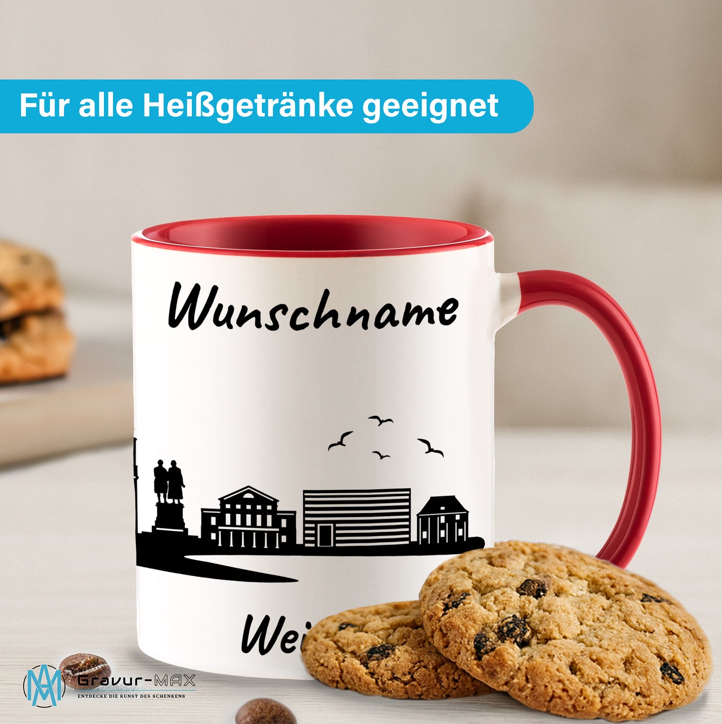 Tasse in Rot 330ml bedruckt mit der Skyline von Weimar personalisierbar mit Wunschname