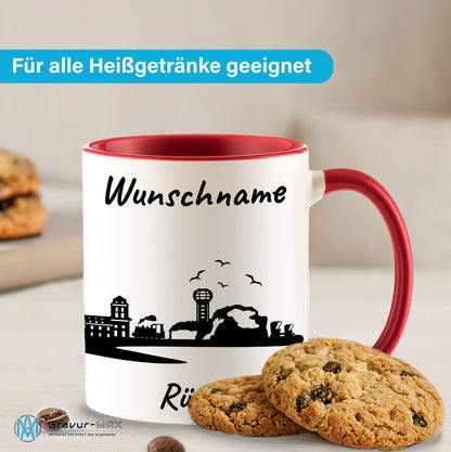 Tasse in Rot 330ml bedruckt mit der Skyline von Rügen personalisierbar mit Wunschname