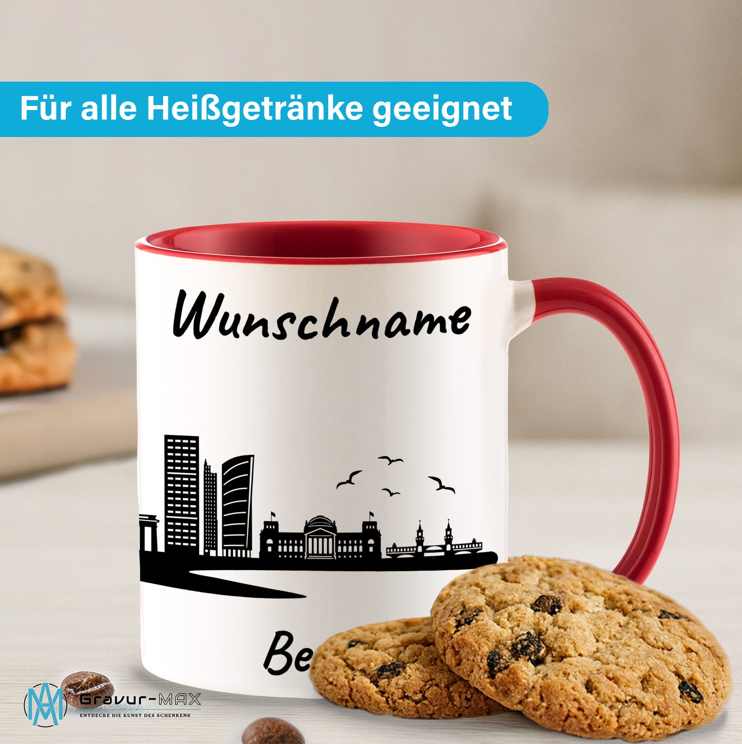 Tasse in Rot 330ml bedruckt mit der Skyline von Berlin personalisierbar mit Wunschname