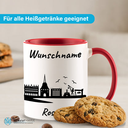 Tasse in Rot 330ml bedruckt mit der Skyline von Rostock personalisierbar mit Wunschname