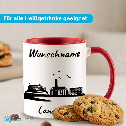 Tasse in Rot 330ml bedruckt mit der Skyline von Landshut personalisierbar mit Wunschname
