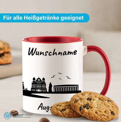 Tasse in Rot 330ml bedruckt mit der Skyline von Augsburg personalisierbar mit Wunschname