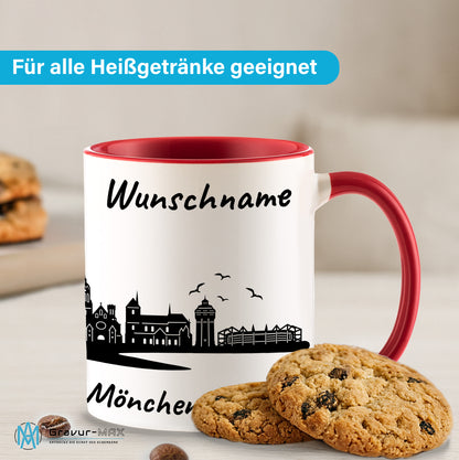 Tasse in Rot 330ml bedruckt mit der Skyline von Mönchengladbach personalisierbar mit Wunschname
