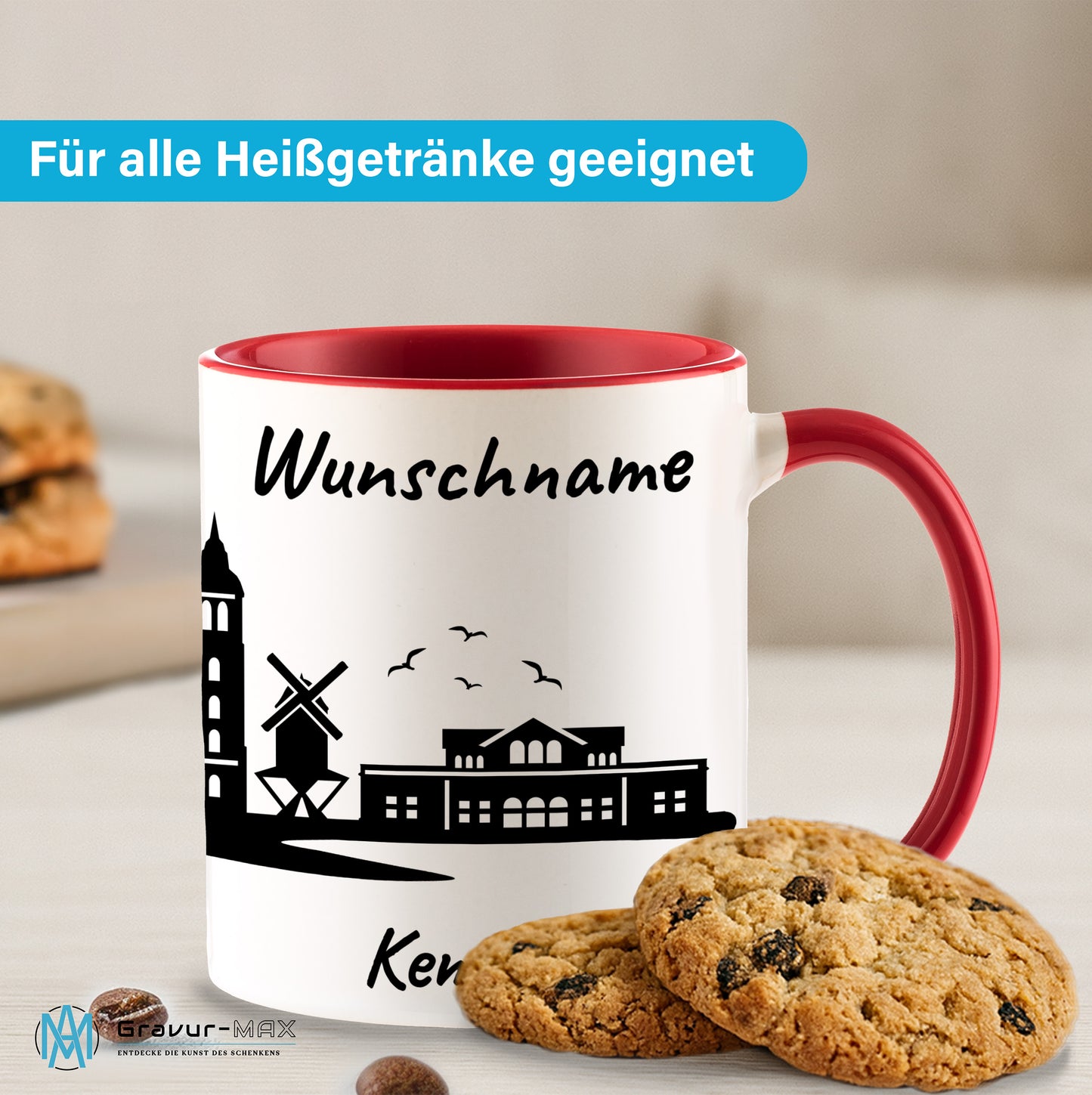 Tasse in Rot 330ml bedruckt mit der Skyline von Kempen personalisierbar mit Wunschname