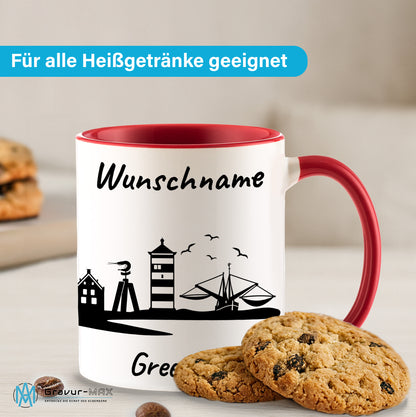 Tasse in Rot 330ml bedruckt mit der Skyline von Greetsiel personalisierbar mit Wunschname