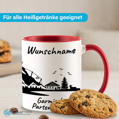 Tasse in Rot 330ml bedruckt mit der Skyline von Garmisch-Partenkirchen personalisierbar mit Wunschname