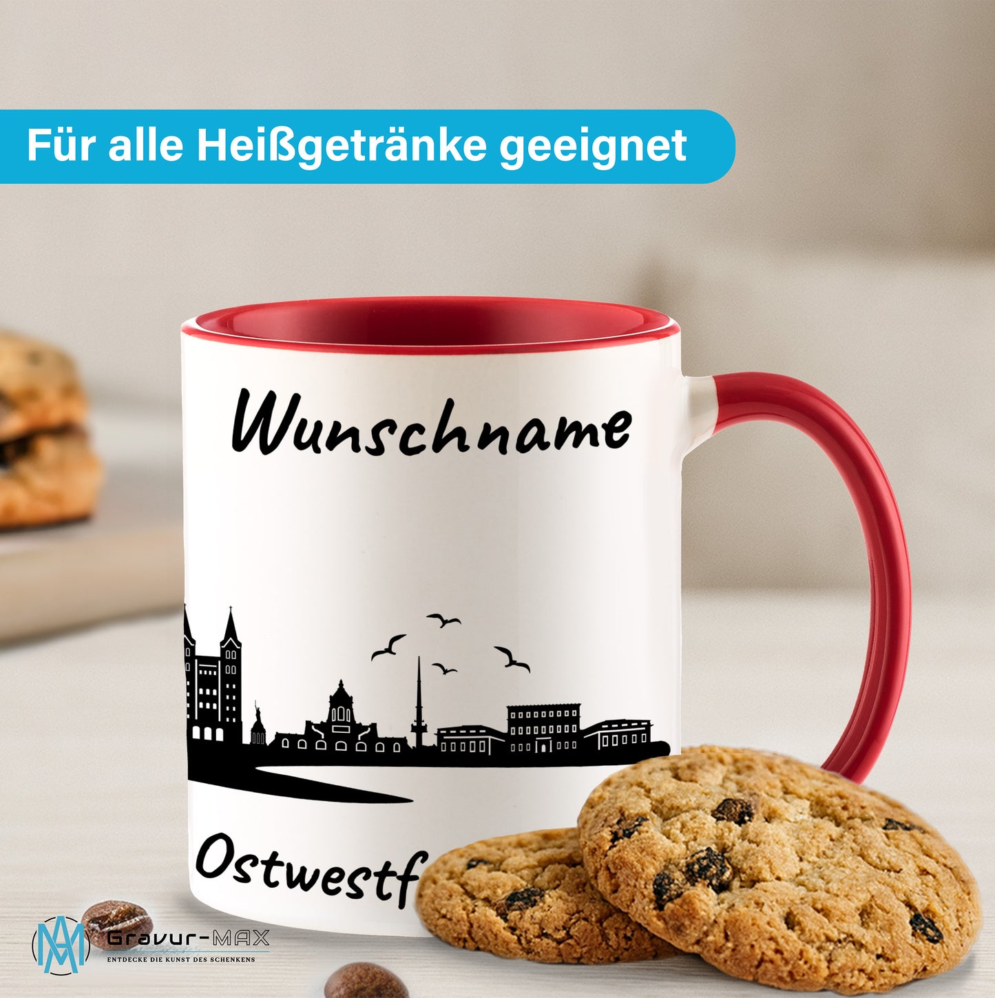 Tasse in Rot 330ml bedruckt mit der Skyline von Ostwestfalen-Lippe personalisierbar mit Wunschname