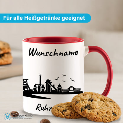 Tasse in Rot 330ml bedruckt mit der Skyline von Ruhrgebiet personalisierbar mit Wunschname