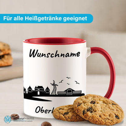Tasse in Rot 330ml bedruckt mit der Skyline von Oberhausen personalisierbar mit Wunschname