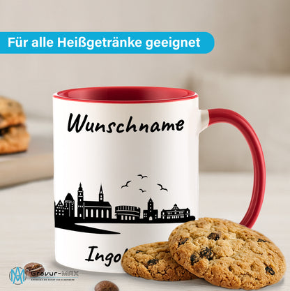 Tasse in Rot 330ml bedruckt mit der Skyline von Ingolstadt personalisierbar mit Wunschname