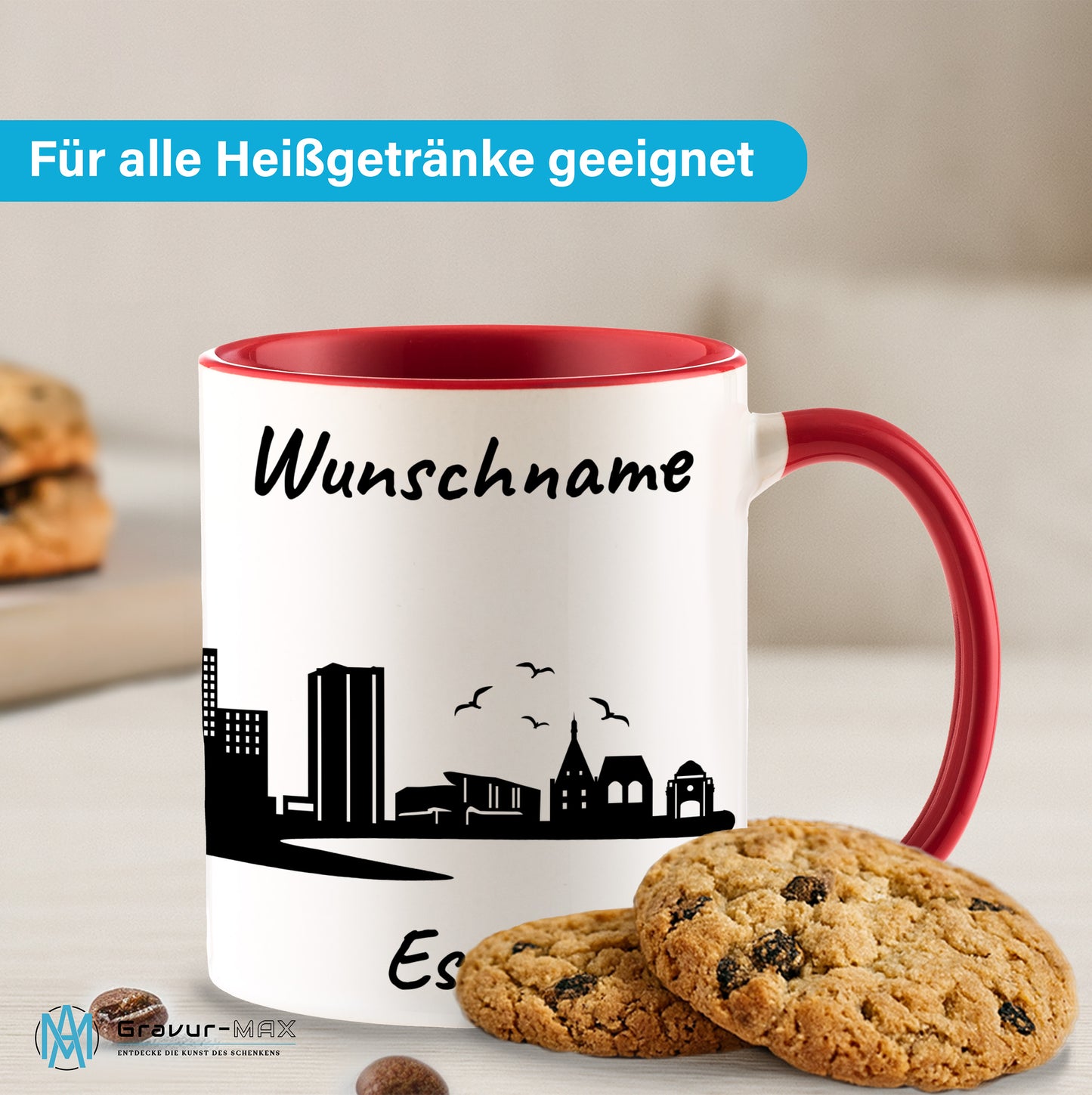 Tasse in Rot 330ml bedruckt mit der Skyline von Essen personalisierbar mit Wunschname