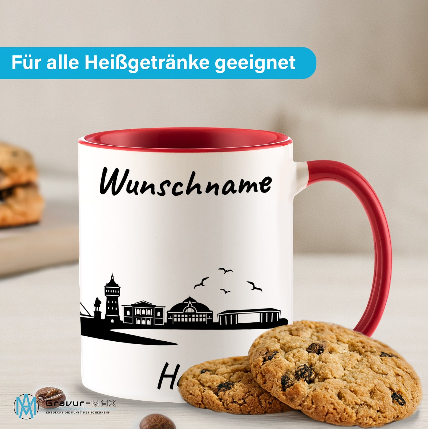 Tasse in Rot 330ml bedruckt mit der Skyline von Halle personalisierbar mit Wunschname