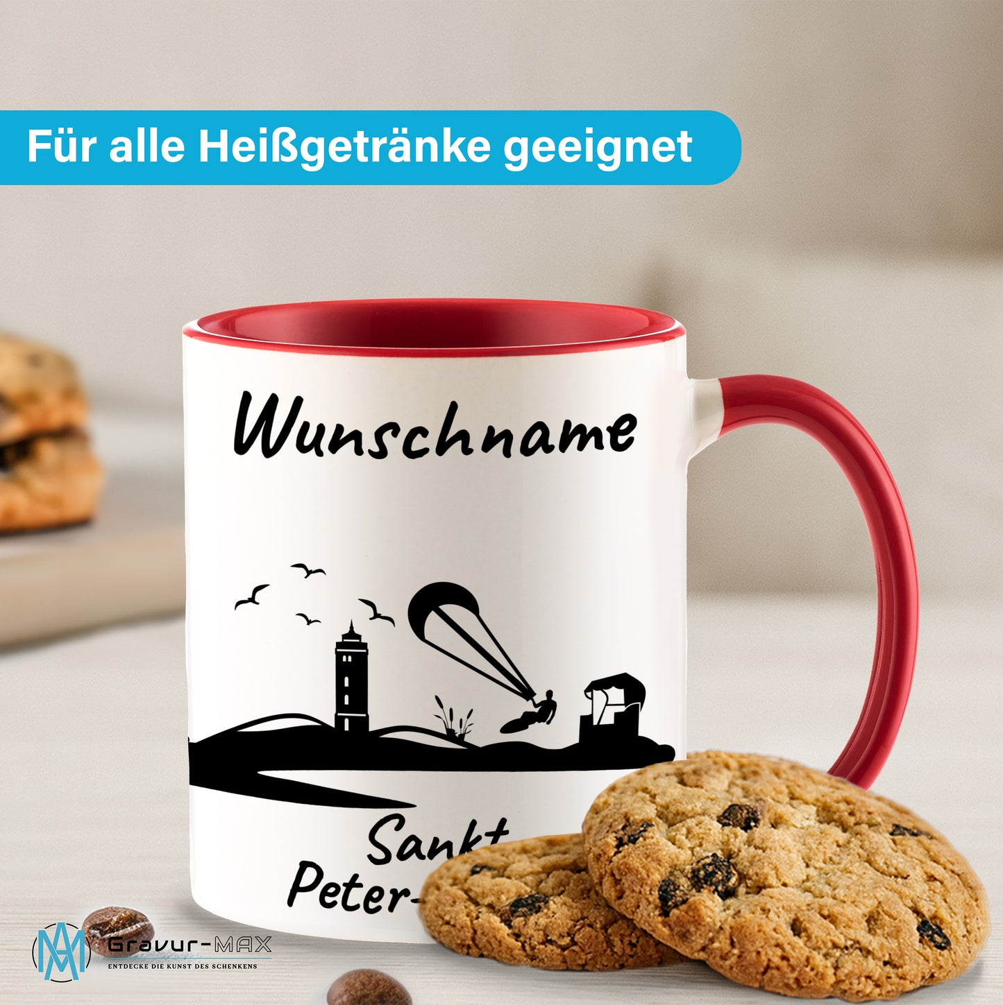 Tasse in Rot 330ml bedruckt mit der Skyline von Sankt Peter-Ording personalisierbar mit Wunschname