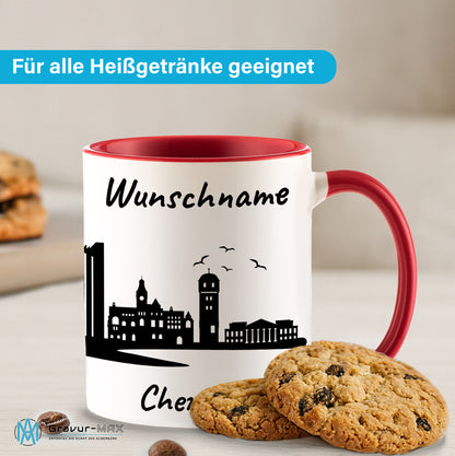 Tasse in Rot 330ml bedruckt mit der Skyline von Chemnitz personalisierbar mit Wunschname