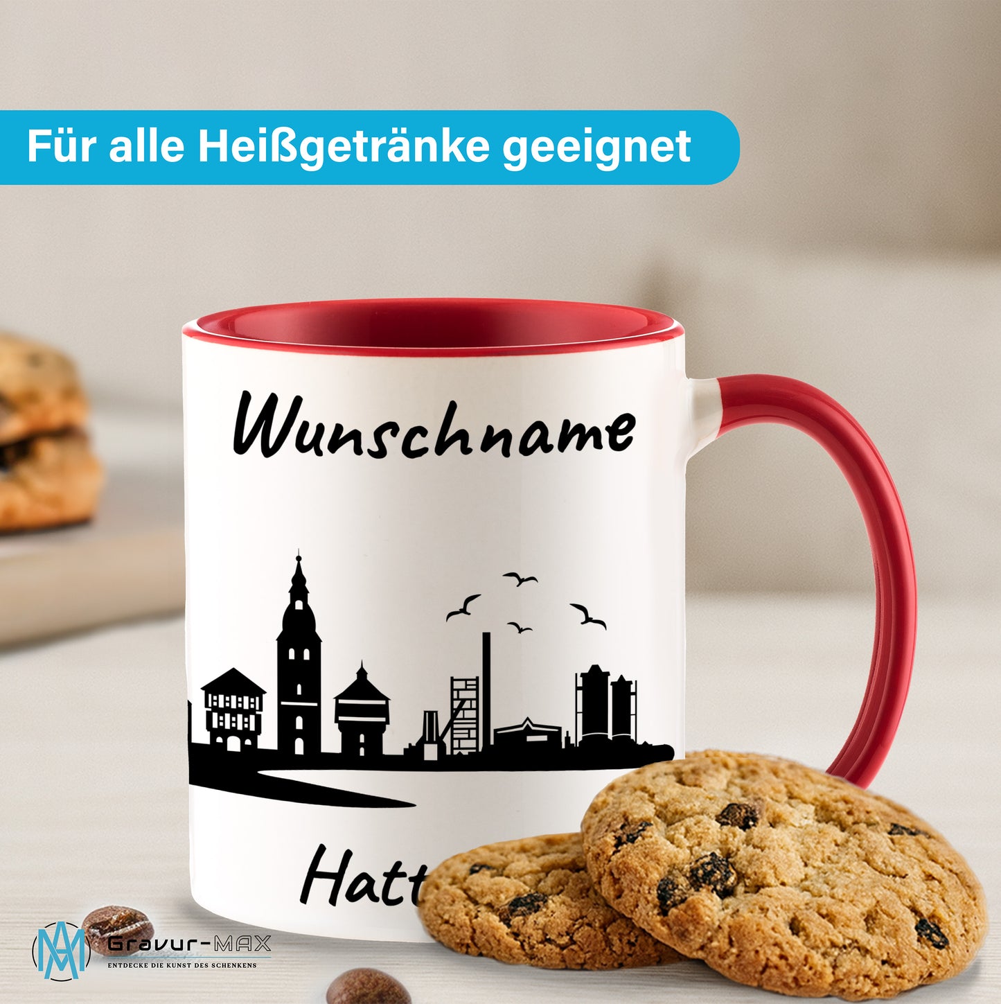 Tasse in Rot 330ml bedruckt mit der Skyline von Hattingen personalisierbar mit Wunschname