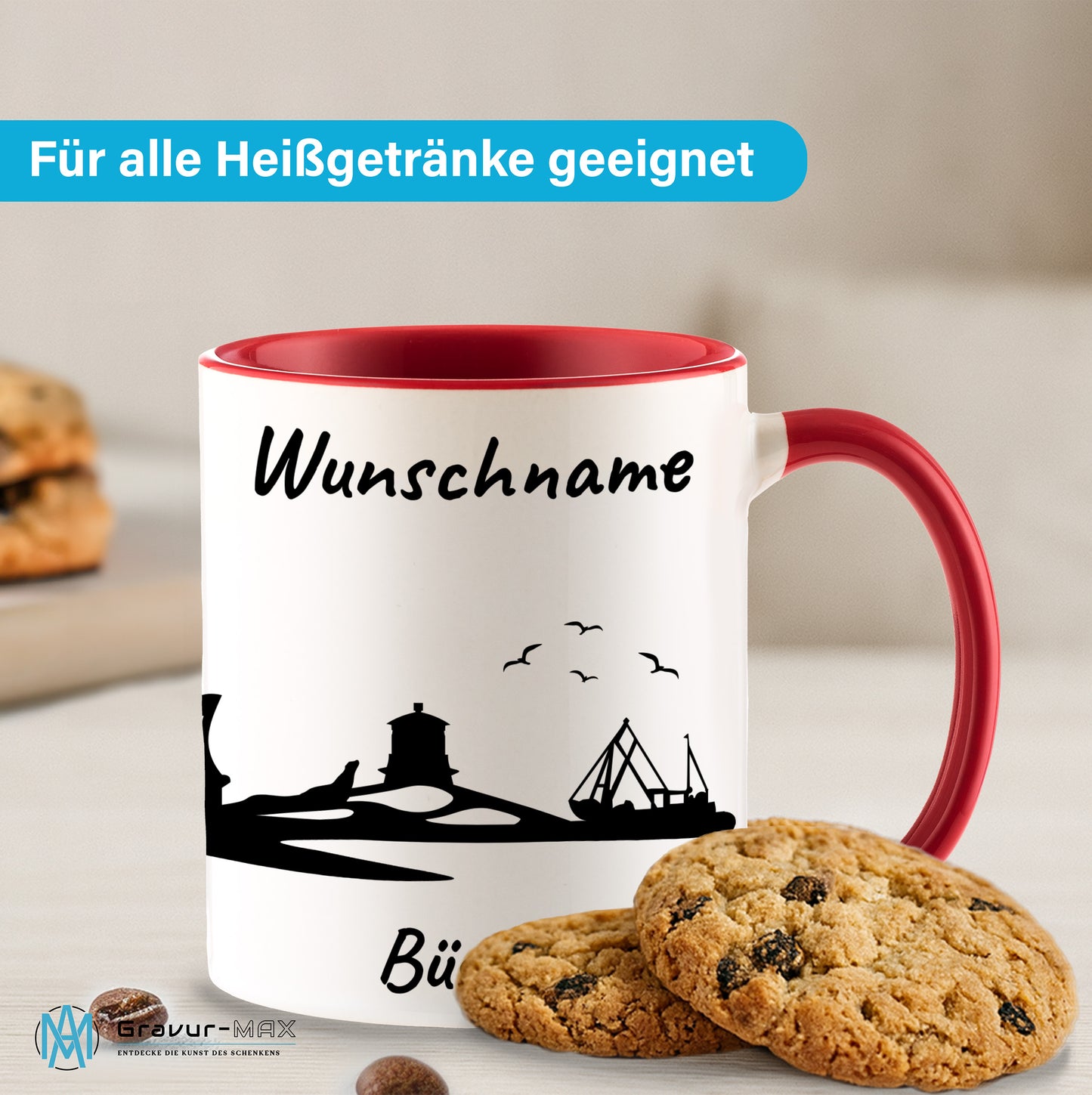 Tasse in Rot 330ml bedruckt mit der Skyline von Büsum personalisierbar mit Wunschname