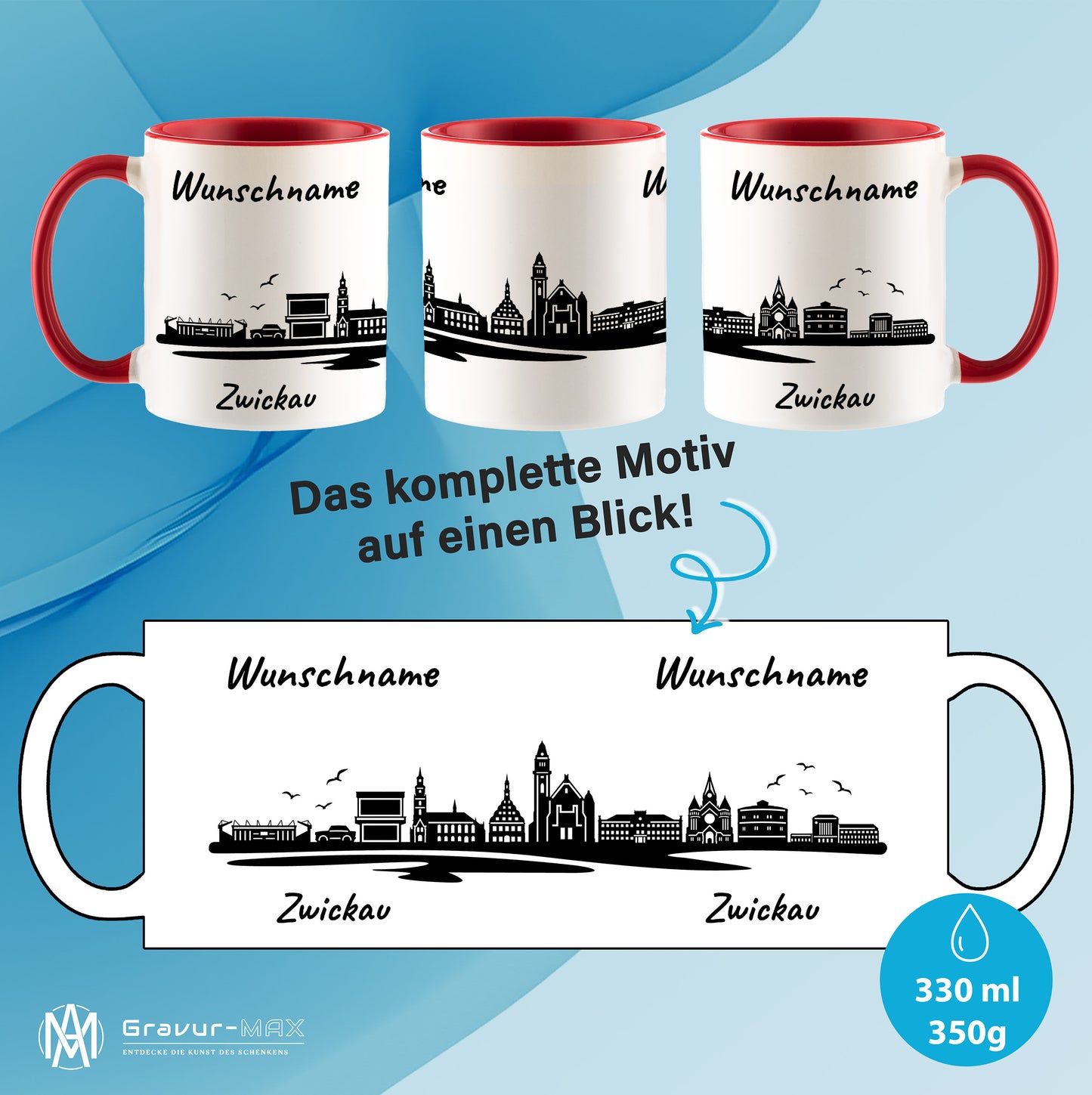 Tasse in Rot 330ml bedruckt mit der Skyline von Zwickau personalisierbar mit Wunschname