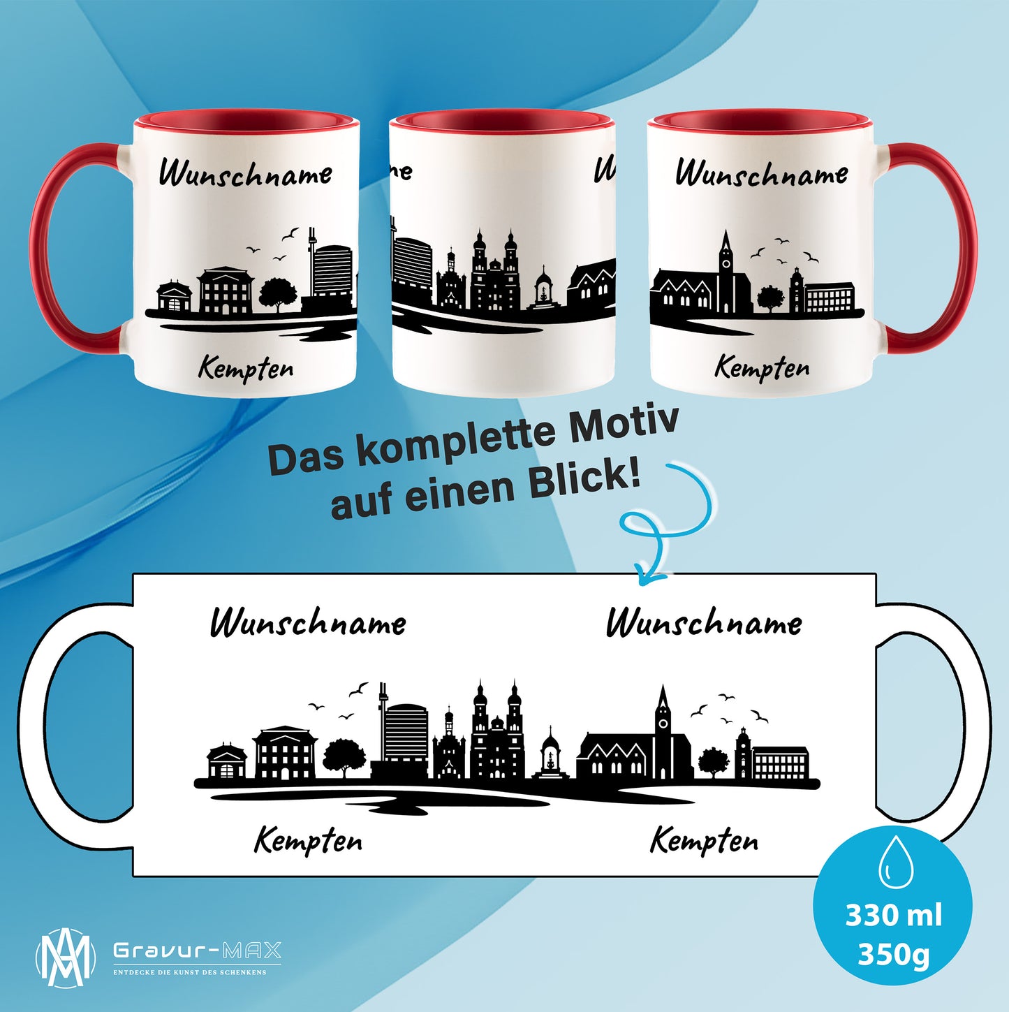 Tasse in Rot 330ml bedruckt mit der Skyline von Kempten personalisierbar mit Wunschname