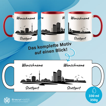 Tasse in Rot 330ml bedruckt mit der Skyline von Stuttgart personalisierbar mit Wunschname