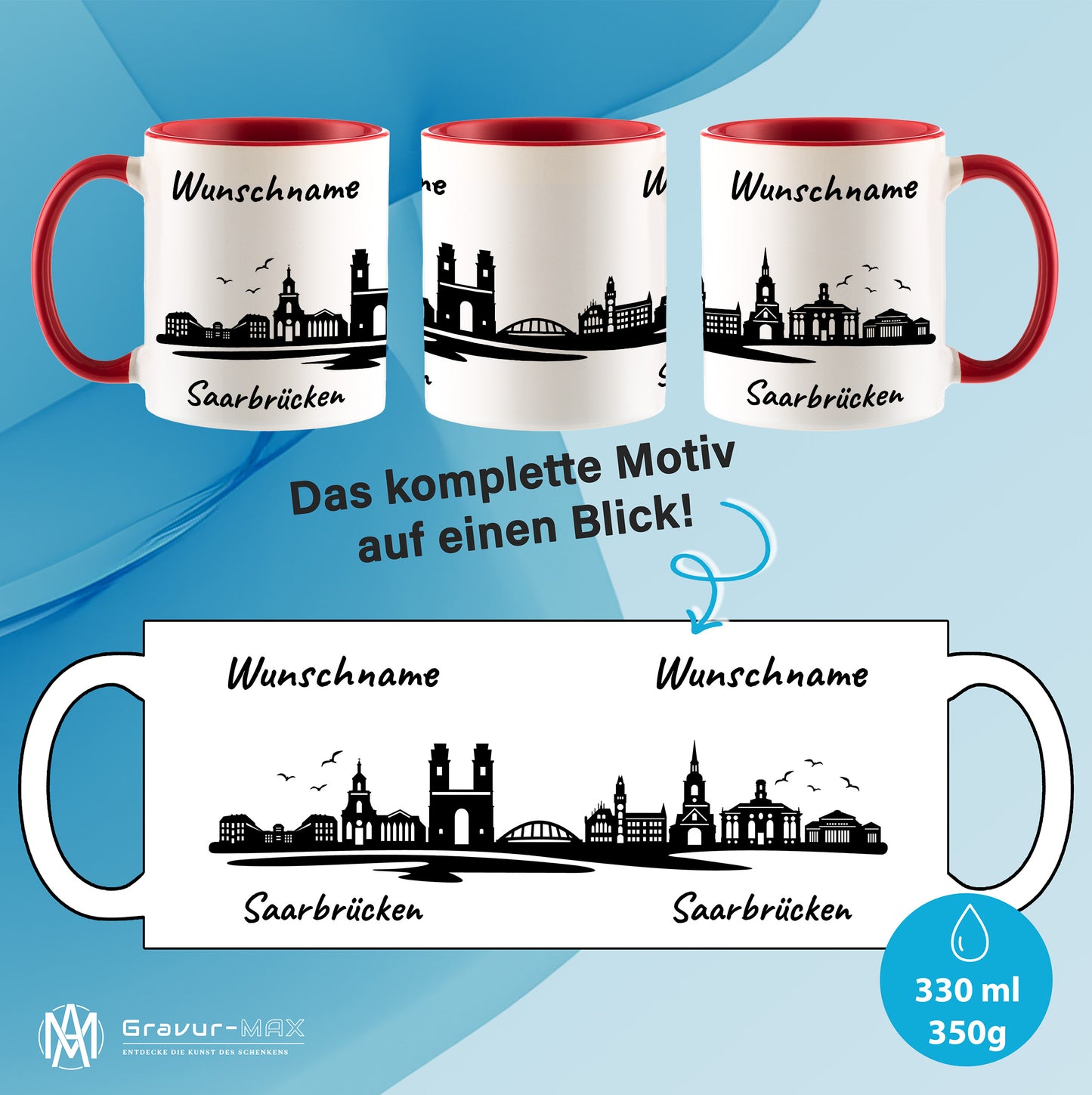 Tasse in Rot 330ml bedruckt mit der Skyline von Saarbrücken personalisierbar mit Wunschname