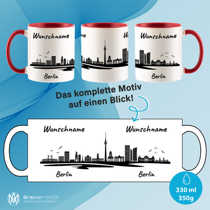 Tasse in Rot 330ml bedruckt mit der Skyline von Berlin personalisierbar mit Wunschname