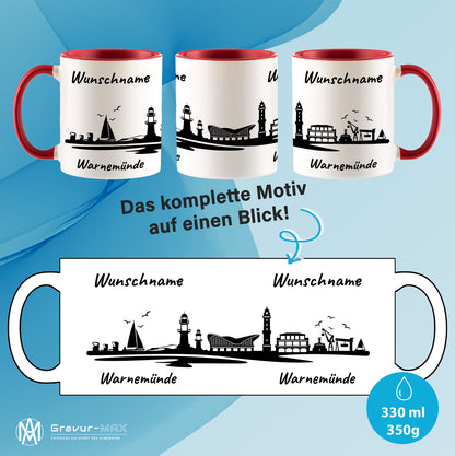 Tasse in Rot 330ml bedruckt mit der Skyline von Warnemünde personalisierbar mit Wunschname