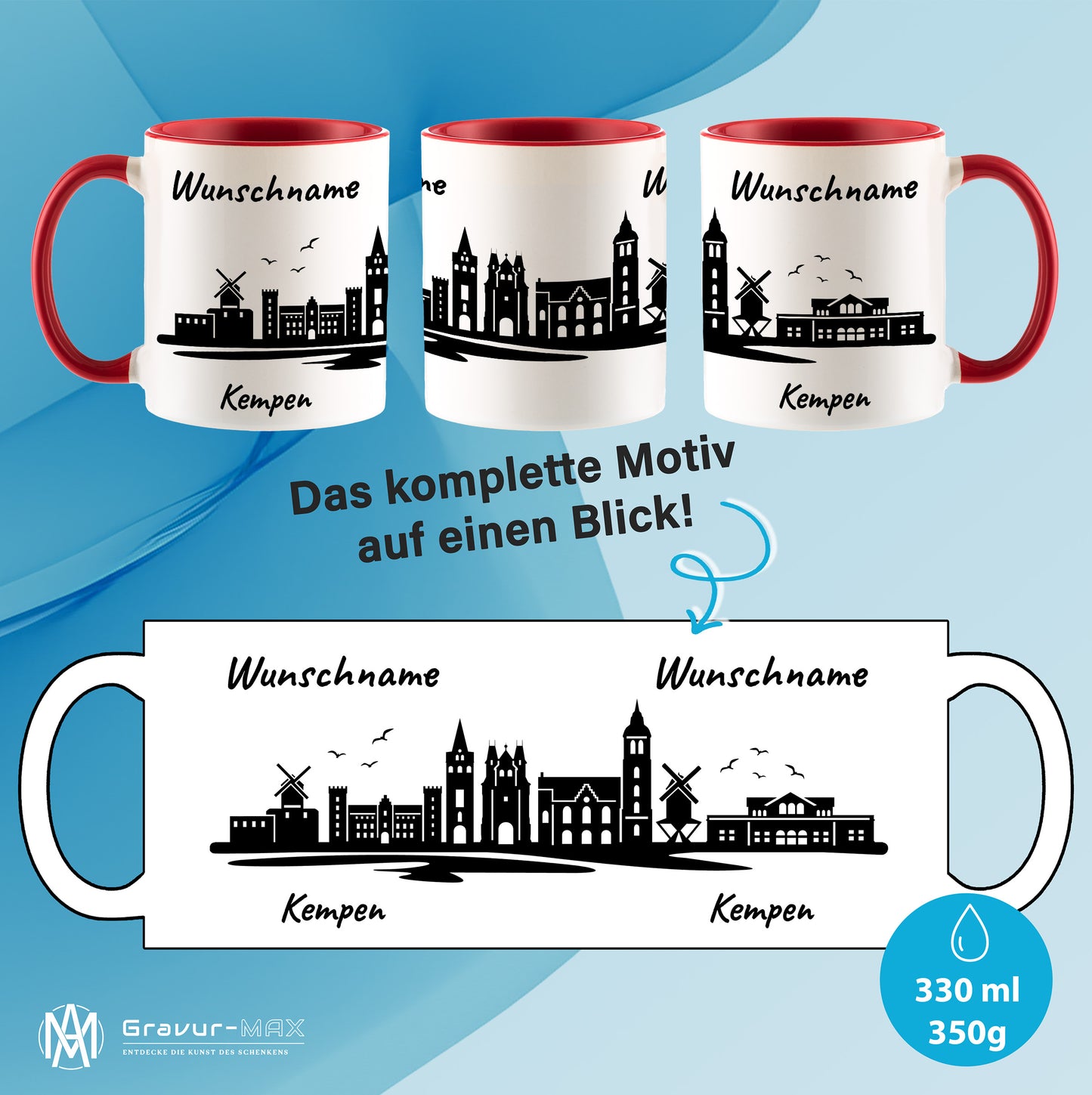 Tasse in Rot 330ml bedruckt mit der Skyline von Kempen personalisierbar mit Wunschname