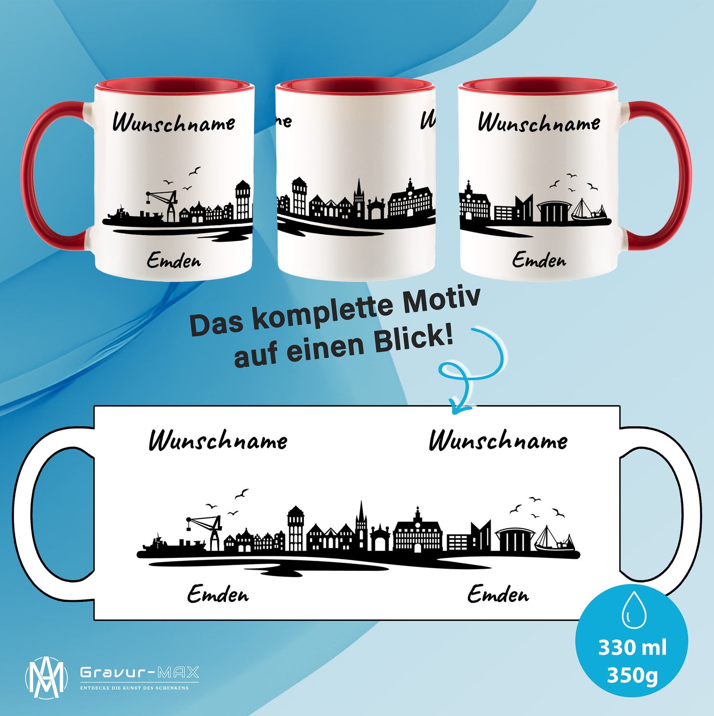 Tasse in Rot 330ml bedruckt mit der Skyline von Emden personalisierbar mit Wunschname