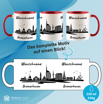 Tasse in Rot 330ml bedruckt mit der Skyline von Bremerhaven personalisierbar mit Wunschname