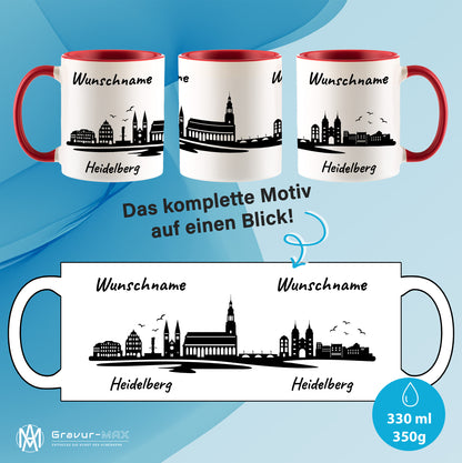 Tasse in Rot 330ml bedruckt mit der Skyline von Heidelberg personalisierbar mit Wunschname