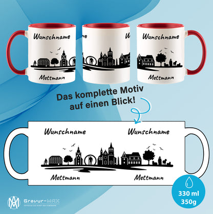 Tasse in Rot 330ml bedruckt mit der Skyline von Mettmann personalisierbar mit Wunschname
