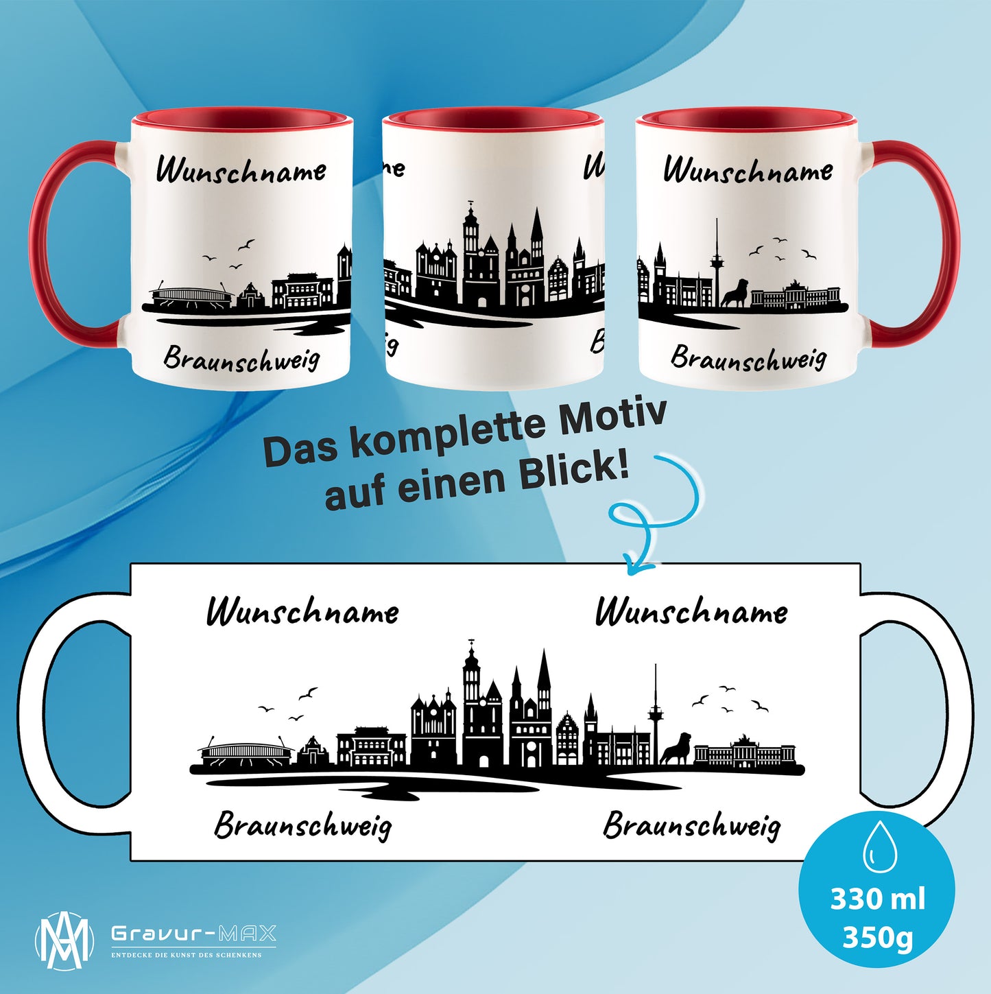 Tasse in Rot 330ml bedruckt mit der Skyline von Braunschweig personalisierbar mit Wunschname