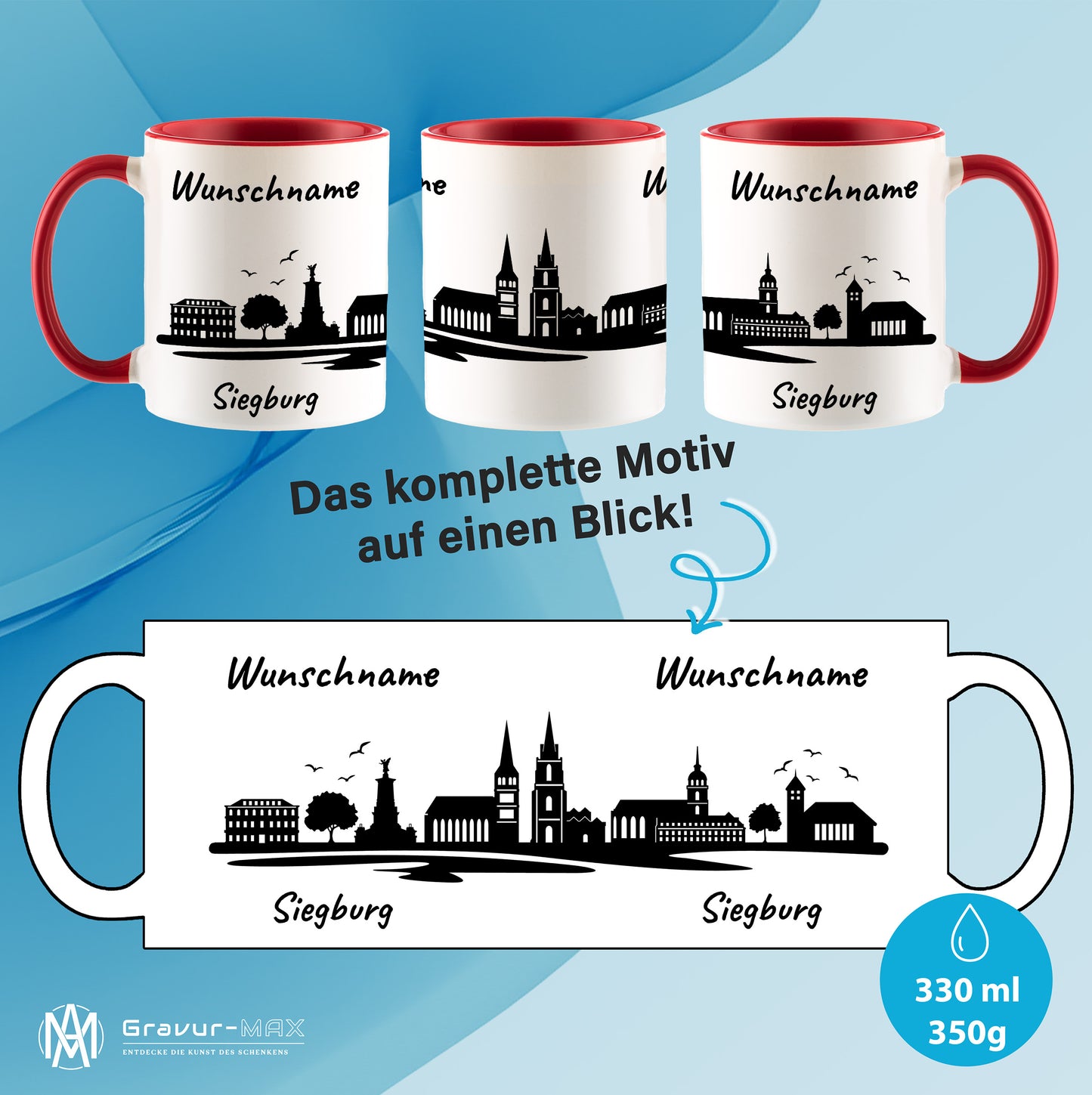 Tasse in Rot 330ml bedruckt mit der Skyline von Siegburg personalisierbar mit Wunschname