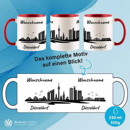 Tasse in Rot 330ml bedruckt mit der Skyline von Düsseldorf personalisierbar mit Wunschname